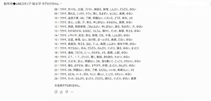 番号ごとにタグが並んだリスト